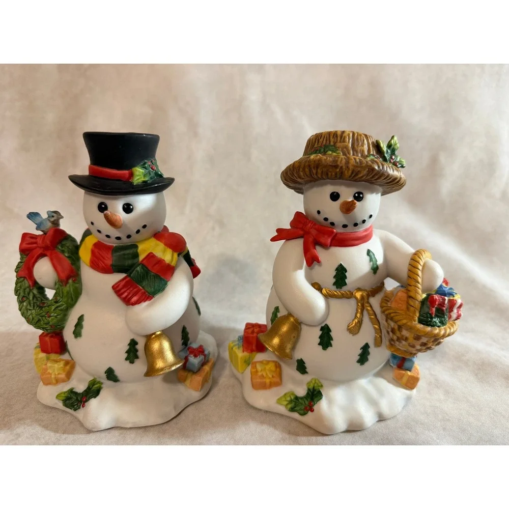 PartyLite Snowbell Snowman & Snowlady Christmas Candle Holders Ceramic Figurines